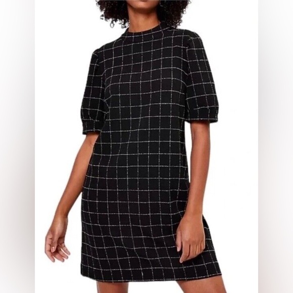 Loft Windowpane Puff Sleeve Shift Dress Small Black & White Mini mock-collar - Picture 1 of 6